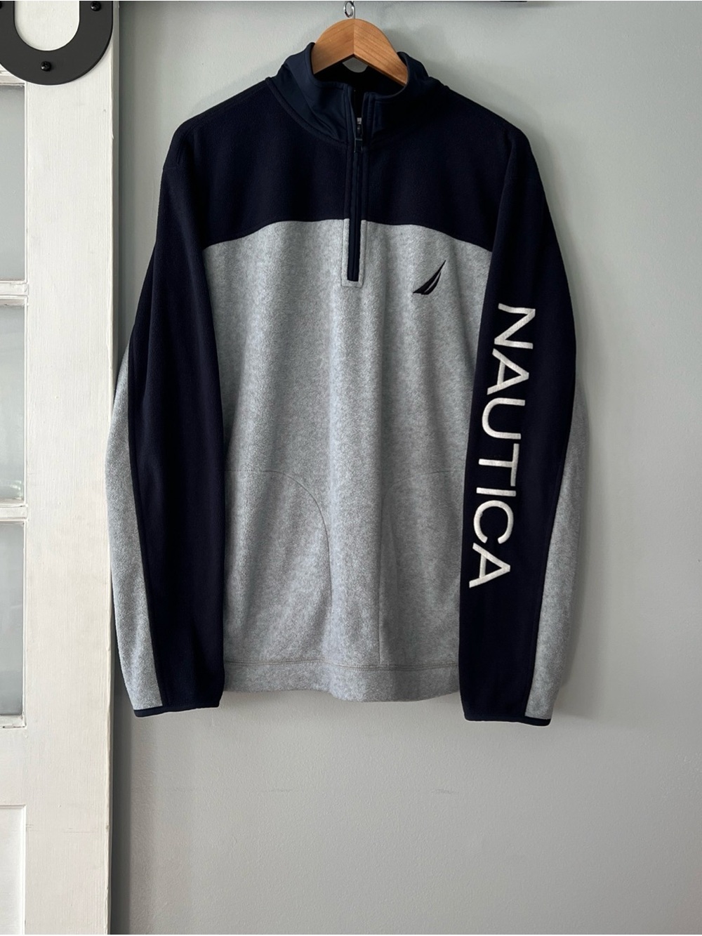 VTG Nautica Fleece 1/4 Zip Navy Gray Colorblock Sweatshirt Embroidered Logo
